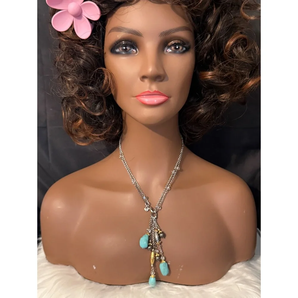 Brighton Turquoise Pearl Silver Gold Tone Tassel Necklace 17.5